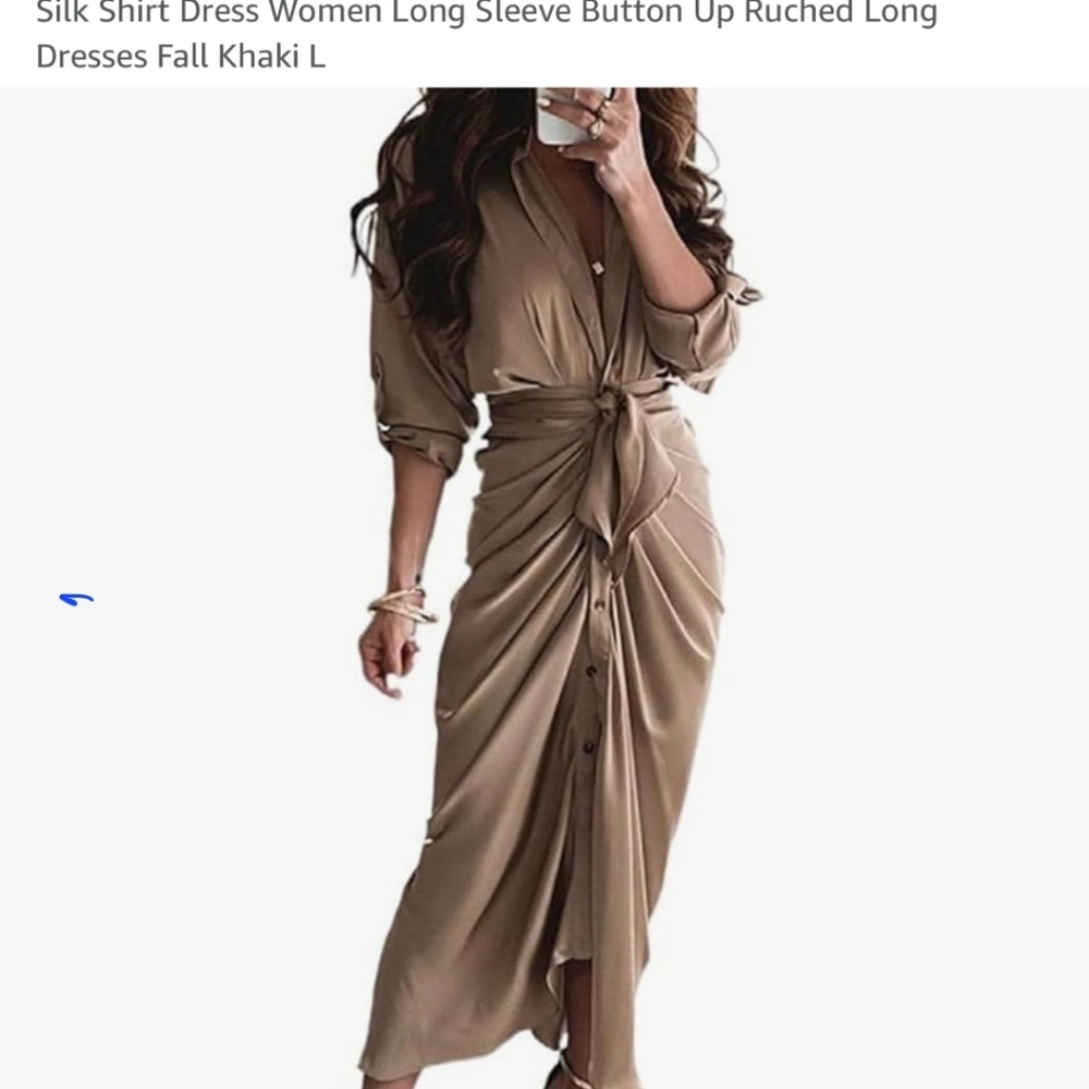 Khaki Button-Up Ruched Long Sleeve Dress